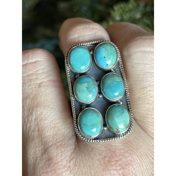 Sterling Silver NATIVE Style Turquoise Cluster Ring Adj 5.5-8 Large SW Statement - Picture 1 of 9